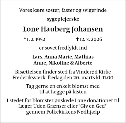Dødsannoncen for Lone Hauberg Johansen - København N