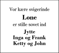 Dødsannoncen for Lone - Kibæk