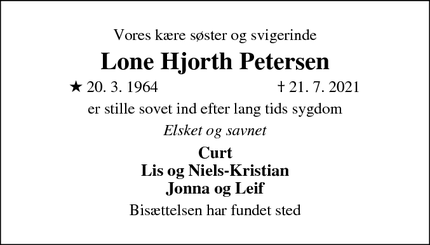 Dødsannoncen for Lone Hjorth Petersen - Gl. Skørping