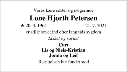 Dødsannoncen for Lone Hjorth Petersen - Gl. Skørping