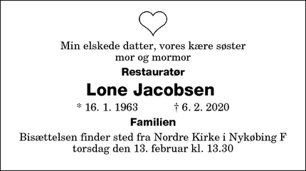 Dødsannoncen for Lone Jacobsen  - Nykøbing F
