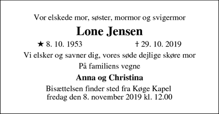 Dødsannoncen for Lone Jensen  - Strøby Egede