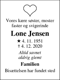 Dødsannoncen for Lone Jensen - Ebeltoft