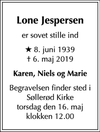 Dødsannoncen for Lone Jespersen - København Ø