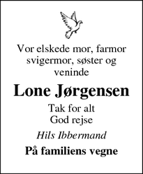 Dødsannoncen for Lone Jørgensen - Næstved