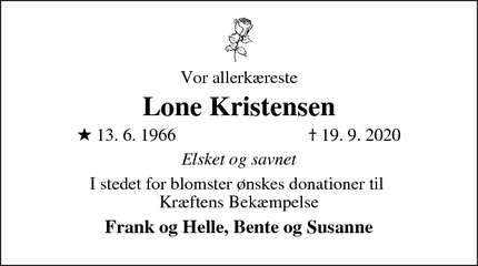 Dødsannoncen for Lone Kristensen  - Roskilde