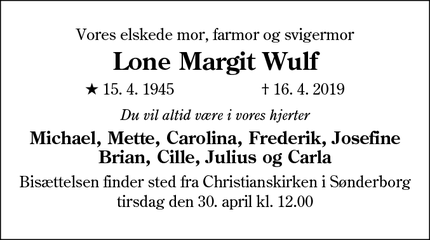 Dødsannoncen for Lone Margit Wulf - Sønderborg