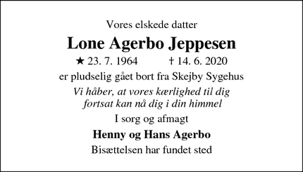 Dødsannoncen for Lone Agerbo Jeppesen - Horsens