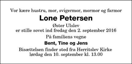 Dødsannoncen for Lone Petersen  - Øster-Ulslev, Danmark