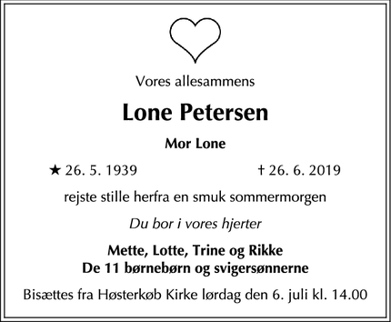 Dødsannoncen for Lone Petersen - Holte