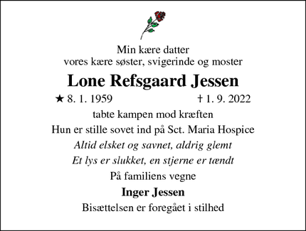 Dødsannoncen for Lone Refsgaard Jessen - Koldning