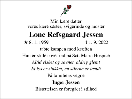 Dødsannoncen for Lone Refsgaard Jessen - Koldning
