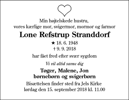 Dødsannoncen for Lone Refstrup Stranddorf - Jels