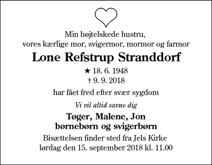 Dødsannoncen for Lone Refstrup Stranddorf - Jels