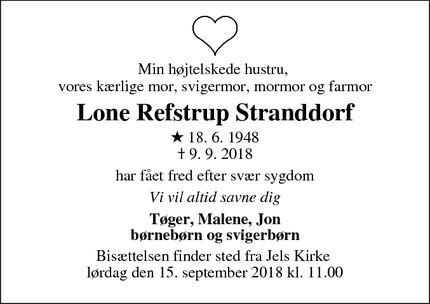 Dødsannoncen for Lone Refstrup Stranddorf - Jels