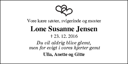 Dødsannoncen for Lone Susanne Jensen - Odense