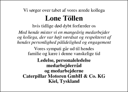 Dødsannoncen for Lone Töllen - Kiel