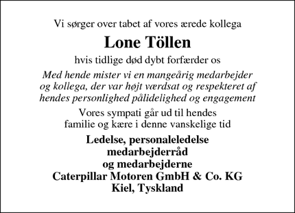 Dødsannoncen for Lone Töllen - Kiel