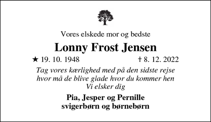 Dødsannoncen for Lonny Frost Jensen - Slangerup