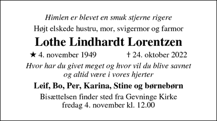Dødsannoncen for Lothe Lindhardt Lorentzen - Gevninge