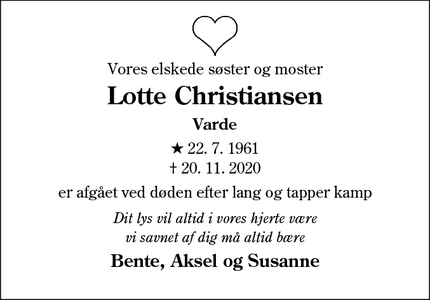 Dødsannoncen for Lotte Christiansen - Varde
