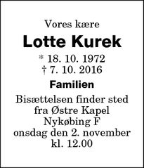 Dødsannoncen for Lotte Kurek - Nykøbing Falster