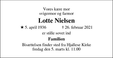 Dødsannoncen for Lotte Nielsen - Odense Hjallese