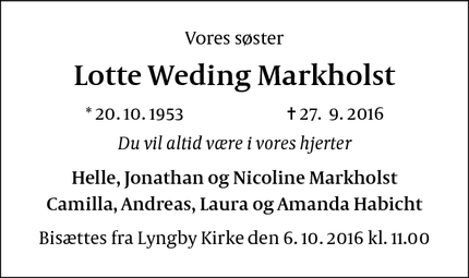 Dødsannoncen for Lotte Weding Markholst - Kongens Lyngby