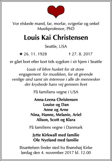 Dødsannoncen for Louis Kai Christensen - Seattle, WA, USA