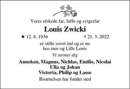 Dødsannoncen for Louis Zwicki - Birkerød