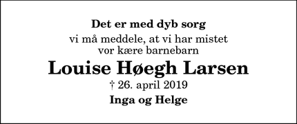 Dødsannoncen for Louise Høegh Larsen - Brovst