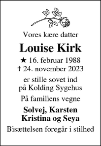 Dødsannoncen for Louise Kirk - Kolding 