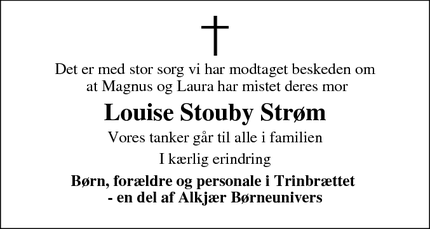 Dødsannoncen for Louise Stouby Strøm - Ringkøbing