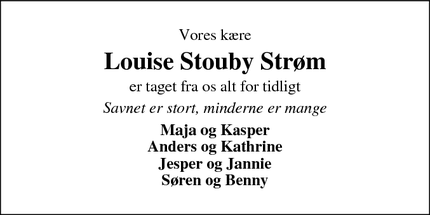 Dødsannoncen for Louise Stouby Strøm - Ringkøbing