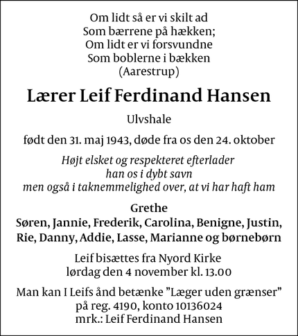 Dødsannoncen for Lærer Leif Ferdinand Hansen - Ulvshale/Stege, Møn