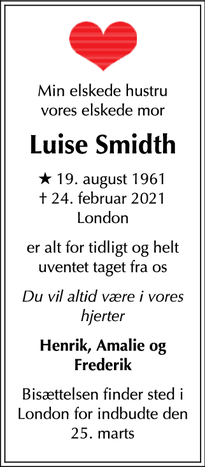 Dødsannoncen for Luise Smidth - London, UK