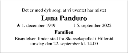 Dødsannoncen for Luna Panduro - Allerød