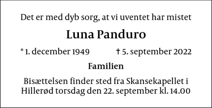 Dødsannoncen for Luna Panduro - Allerød