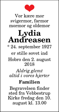 Dødsannoncen for Lydia Andreasen - Vebbestrup, Denmark