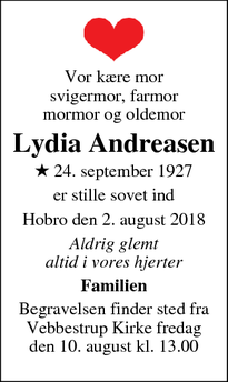 Dødsannoncen for Lydia Andreasen - Vebbestrup, Denmark
