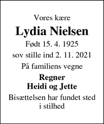 Dødsannoncen for Lydia Nielsen - Aarhus