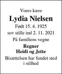 Dødsannoncen for Lydia Nielsen - Aarhus