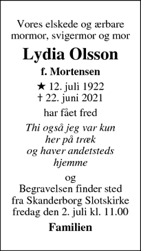 Dødsannoncen for Lydia Olsson - Østerbro/Skanderborg