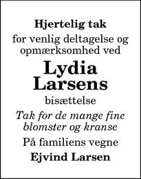 Taksigelsen for Lydia
Larsens - Løgstør