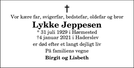 Dødsannoncen for Lykke Jeppesen - Haderslev