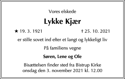 Dødsannoncen for Lykke Kjær - 