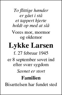 Dødsannoncen for Lykke Larsen - Helsingør 