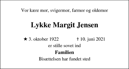 Dødsannoncen for Lykke Margit Jensen - Lejre