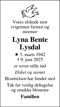 Dødsannoncen for Lyna Bente Lysdal - Hammel