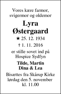 Dødsannoncen for Lyra Østergaard - Agerskov
